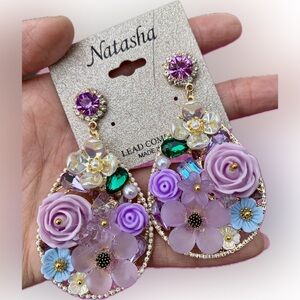 Natasha Couture Lavender and Blue white crystal Floral Earrings drops